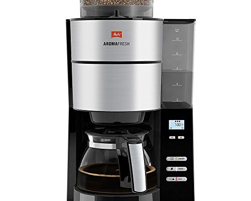 Melitta AromaFresh Grind and Brew, 1021-01, Filter Coffee Machine, Glass Coffee Jug Included, Adjustable Grind Level and Intensity, Black/Stainless Steel