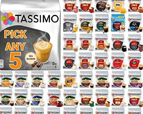 Tassimo Coffee, Tea, Chocolate Pods. Pick Any 5 Packs from 50+ Blends Including Kenco, Costa, Jacobs, Hot Chocolate, Chai Latte, Baileys, Cadbury, Milka, Twinings, Cafe Hag and More.