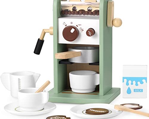 GAGAKU Wooden Coffee Machine Playset with Grinder,Wooden Kitchen Coffee Machine Maker Toy Set Role Play with Accessories Gifts for Toddler Girls and Boys