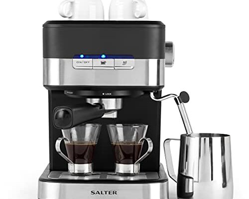Salter EK4623 Caff&eacute; Espresso Pro – Coffee Machine, 15-Bar Pressure Pump, Barista Style Coffee, Latte, Cappuccino Machine, Make 2 Cups At Once, Includes Milk Frothing Wand, Stainless Steel Filter
