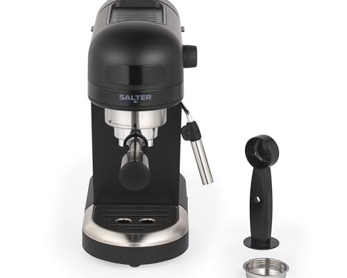 Salter Professional Espirista Coffee Machine &ndash; 1.4 L, BPA-Free, Milk Frothing Wand, For Ground Coffee, Single/Double Function, Touch Panel, 15-Bar Italian Pressure, Latte, Cappuccino, Black
