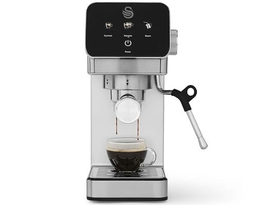 Swan SK22153 Mini Digital Espresso Coffee Machine, Digital Touch Controls with 3 Pre-Sets, 20 Bar Pressure, Built-in Milk Frother, Compact Design, Stainless Steel